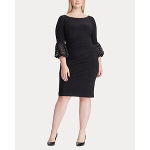 LAUREN RALPH LAUREN Dress Navy Black Lace Bell Sleeve Ruched Sheath Womens Sz 4